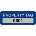 Lustre-Cal Property ID Label PROPERTY TAG5 Alum Dark Blue 2in x 0.75in  Serialized 0601-0700, 100PK 253740Ma1Bd0601